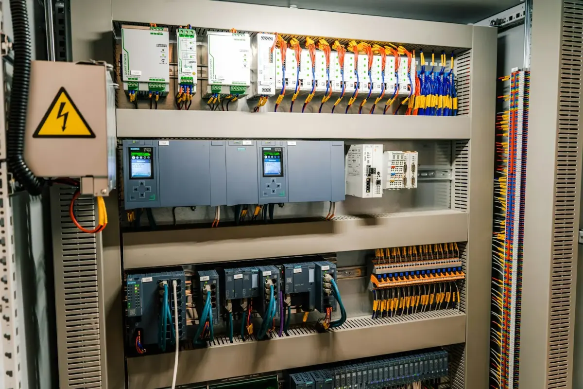 Armoire d’automatisme industriel équipée d’automates programmables, de modules d’entrées/sorties et de borniers